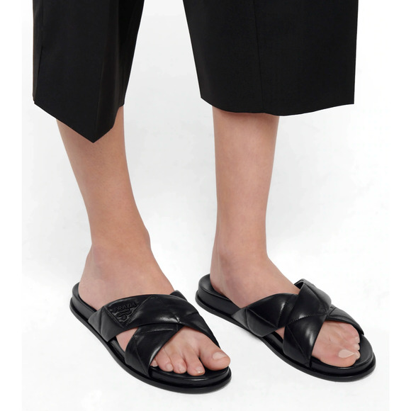 Prada Quilted Criss Cross Strap Black Leather Logo Slide Sandal Mule Flat 39.5 - Picture 5 of 12